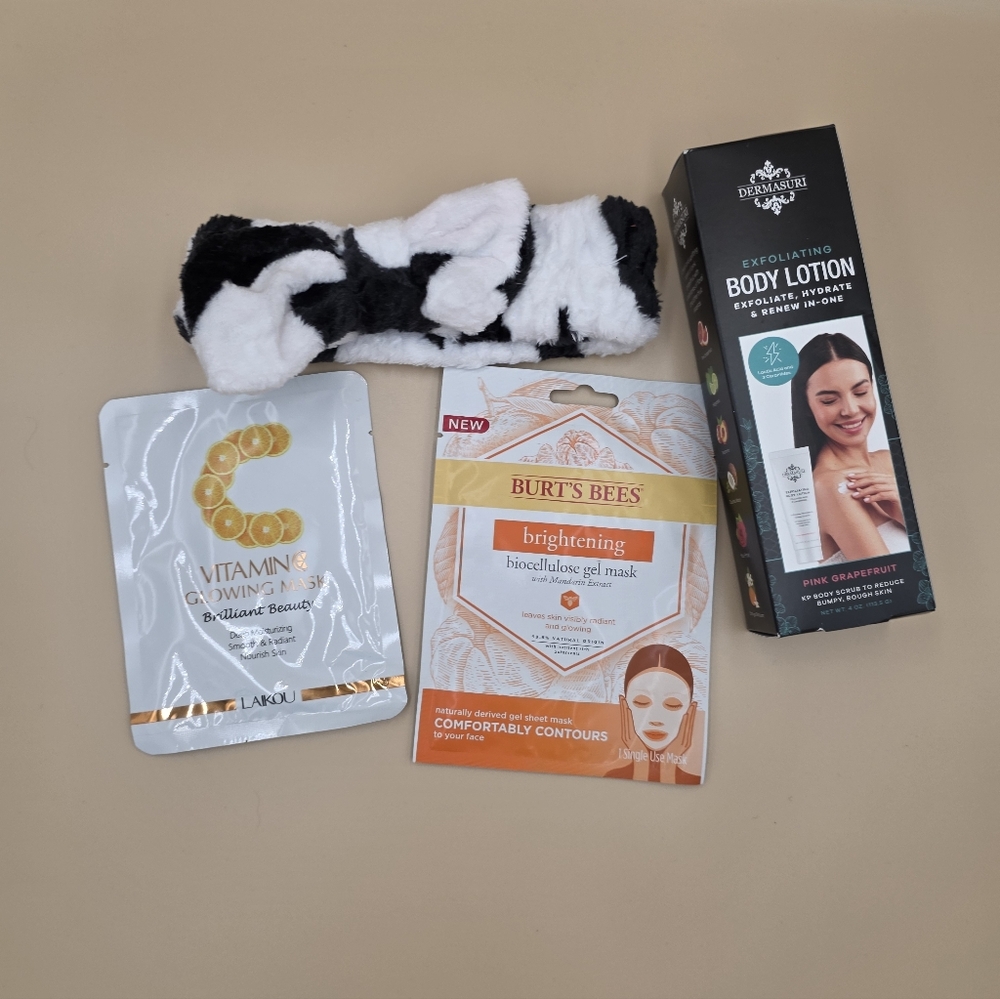 Burt's Bees Brightening Mask,  Laikou Vitamin C Glowing Mask, Dermasuri Lotion
